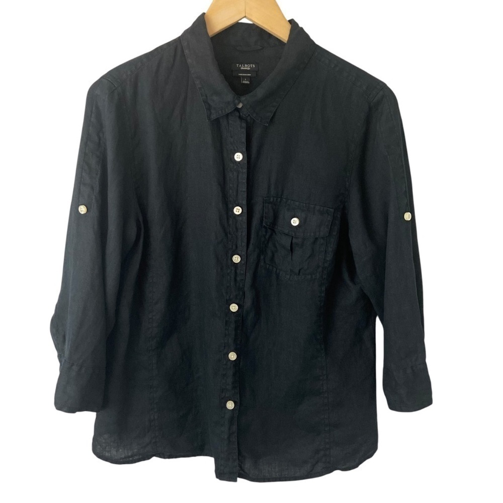 Talbots 100% Pure Irish Linen Top Womens Black Sz 1X Minimalist Roll Tab Sleeves
